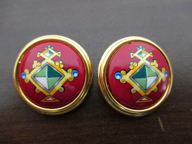 3317 ★エルメス エマイユ 七宝焼き ラウンド イヤリング レッド×ゴールド色