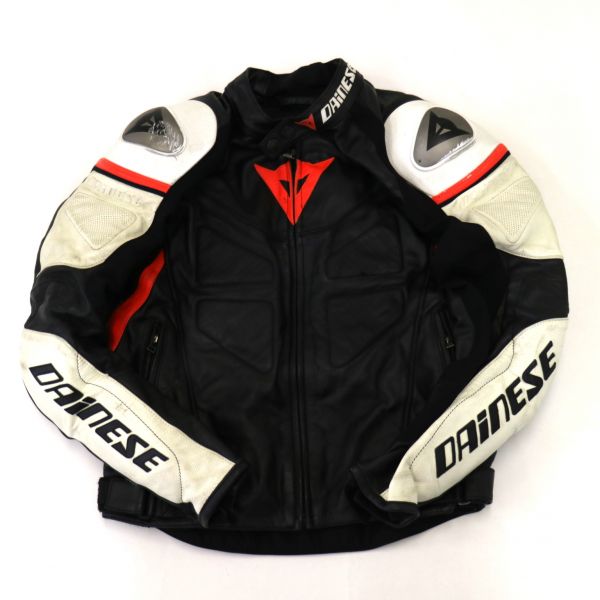 DAINESE ダイネーゼ レザー モーターサイクルジャケット 黒×白×赤 (イタリア48 M) 中古 古着 D9915