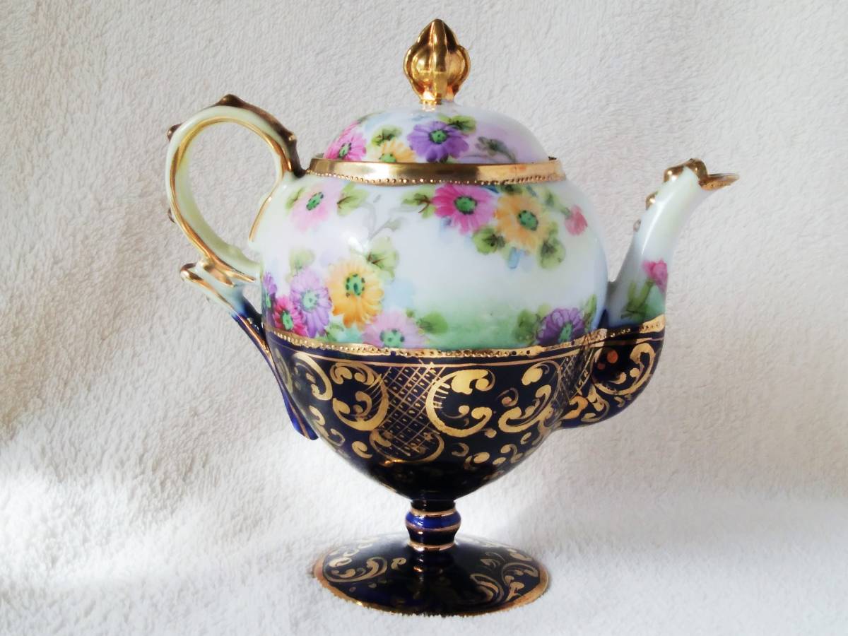 オールドノリタケ　磁器 ティーポット 花柄 金彩 B☆オールド オールドノリタケ 金彩コバルトブルーと可憐な花模様