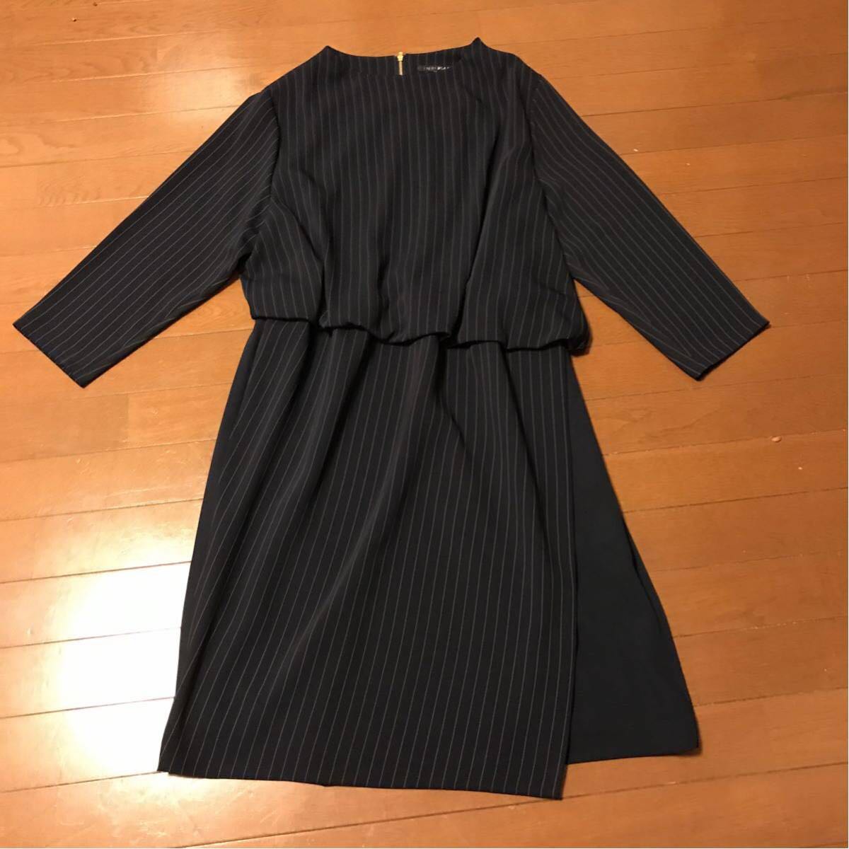 インディヴィのストライプワンピース サイズ48 ダークネイビー ストライプ 訳あり格安