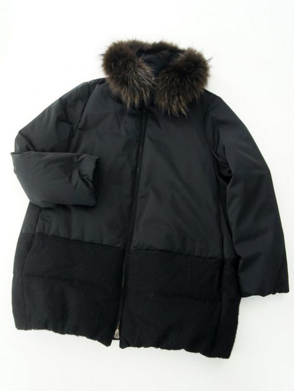 L134*インディヴィ/INDIVI*毛皮ラクーンファー*ウエスト切替え*ジップアップ*ダウンコート*ダウンジャケット*ブラック*黒*42*L相当