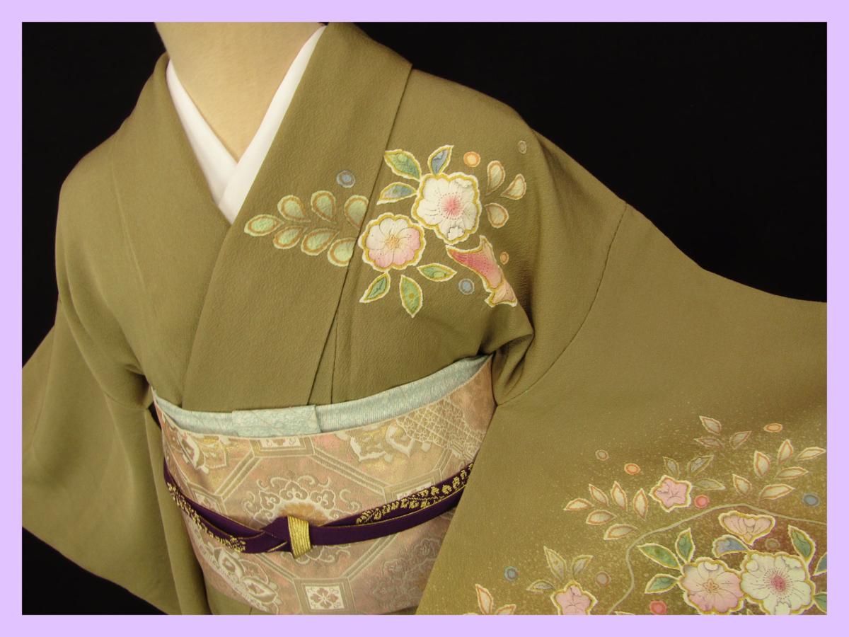 ◆衣紋屋◆0214 【1円～】 辻が花文様 訪問着 縮緬地 正絹 利休茶 ★披露宴などに★