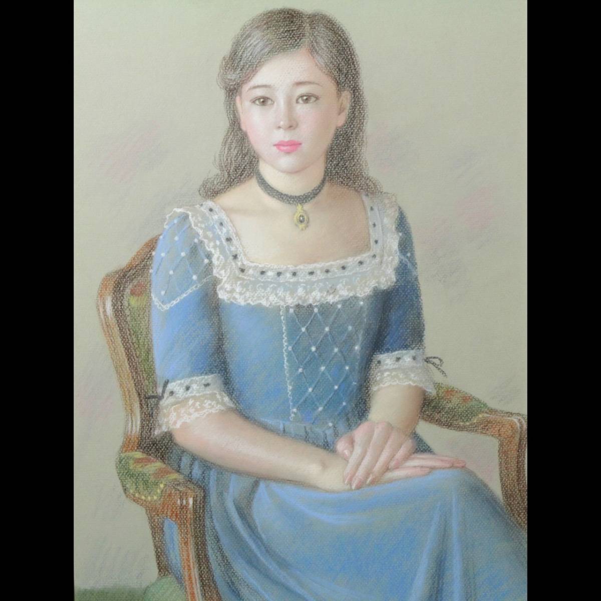 ◆櫟◆ 真作保証 徳田宏行 「水色のワンピース」 肉筆パステル画10号 [S254.1]SS2