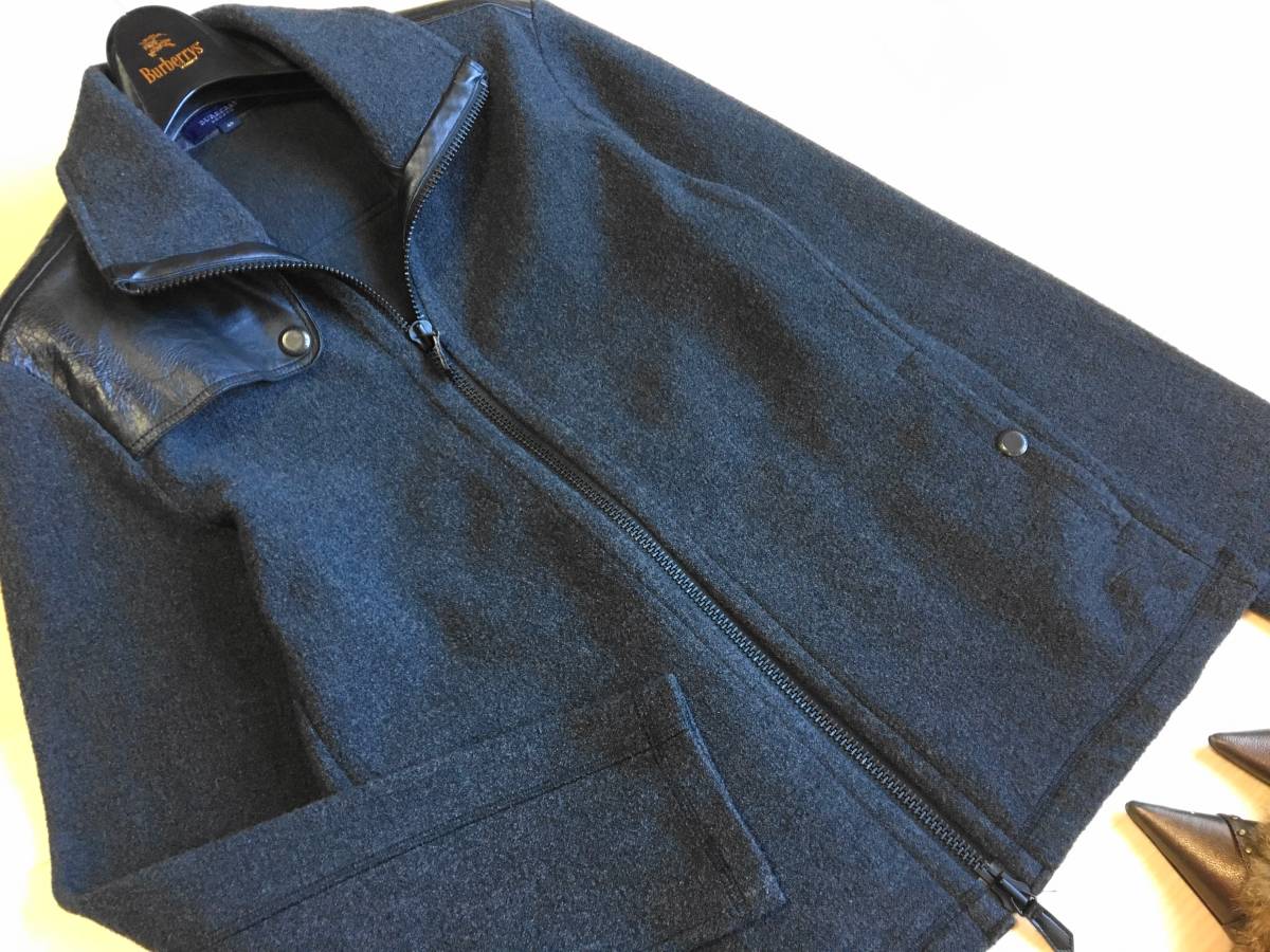 バーバリーロンドンBURBERRY☆圧縮ウール＆レザーデザインジャケット　大きいサイズ☆グレー＆ブラック☆クールなおしゃれ☆クリーニング済