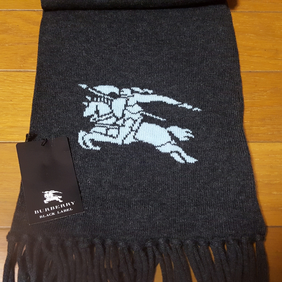 バーバリー ブラックレーベル カシミヤ マフラー 黒 ボーダー ホースロゴ 新品未使用タグ付 カシミア混 バーバリーブラックレーベル BIGロゴ