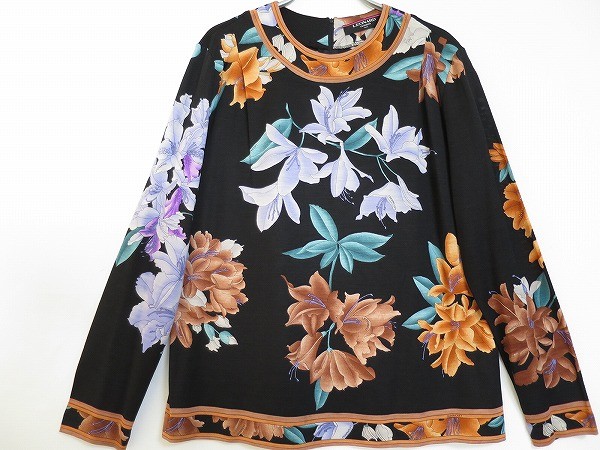 美品✨レオナール 長袖 カットソー 花柄 シルク 絹 ブラック 毛 絹 黒