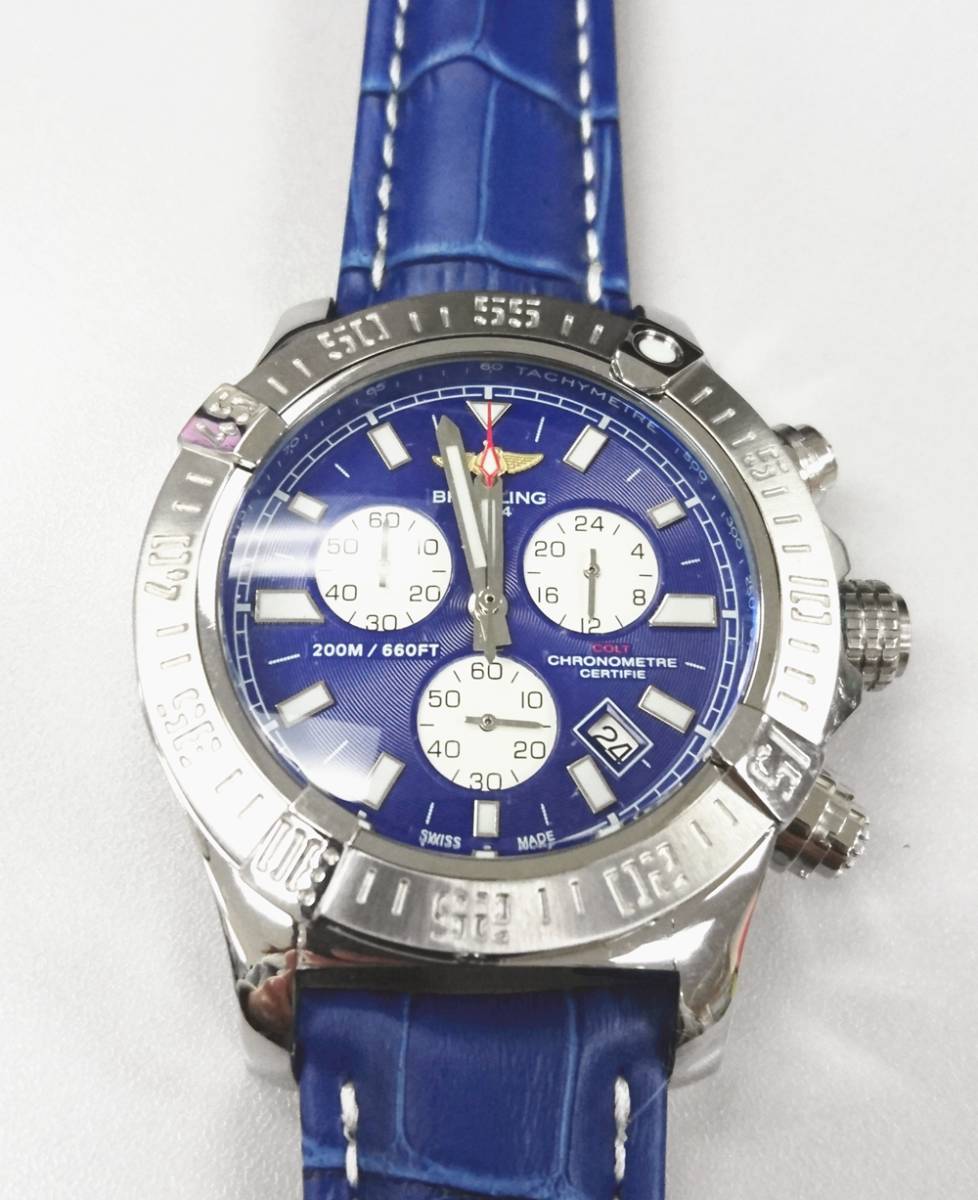 直径44ｍｍ 完全稼働　6針+日付 6時位置永久秒針　ストップウォッチ機能　刻印あり　メンズ腕時計　クオーツ　高精度