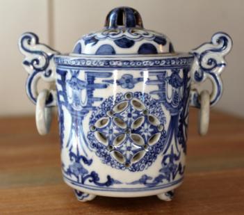 九谷焼【角福 耳付き 香炉】青染付 香道具 茶道具 お香