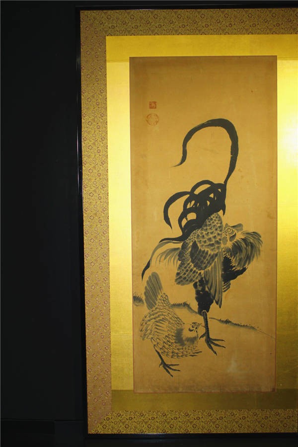 幸】二枚折屏風 奇想の画家 伊藤若冲 水墨画 鶏之図 模写 1 え737 □F