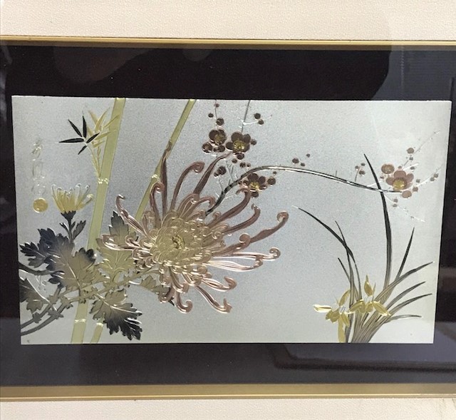 中古保管品】 彫金 絵画 インテリア 秀風 花車 工芸品 額装 美術品