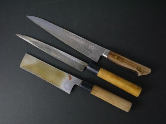Iae19” まとめて 銘入 包丁 3点 元祖 芳忠/正久 柳刃 刺身 菜切包丁