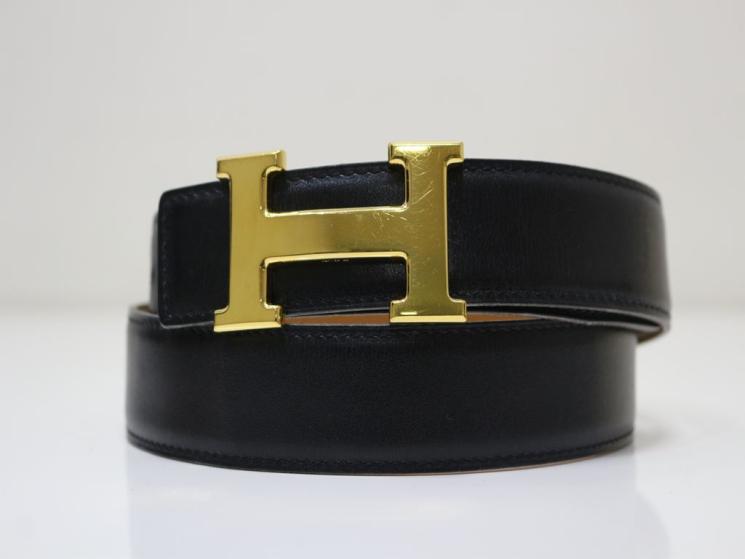 正規美品【エルメス】ベルト メンズ Hロゴ型バックル 本革/レザー 黒