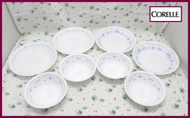 ■CORELLE コレール ブルーローズ ブルー系花柄 深皿4点＆ボウル4点 当時物 レトロ 小花柄 バラ柄■C2946