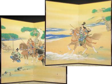 都屋】上原古年 筆 武者絵 合戦図 二枚折 屏風 一双 絹本
