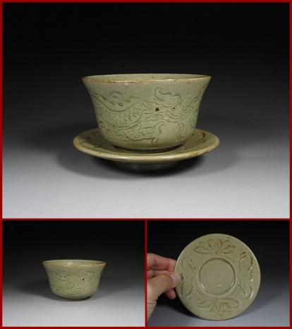 中国　古玩　青磁　雲龍　彫模様　茶碗　碗台　/　中国美術・越窯・龍泉窯・清朝