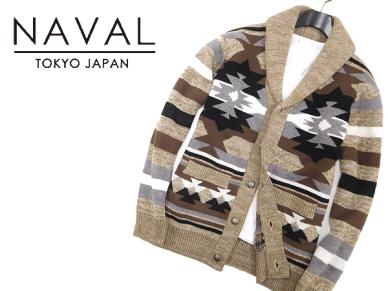 新品 NAVAL ナバル チマヨ柄 ミックスジャガード コンチョ釦 ショールカラー ニット ジャケット カーディガン 茶 L (ok0315-3)