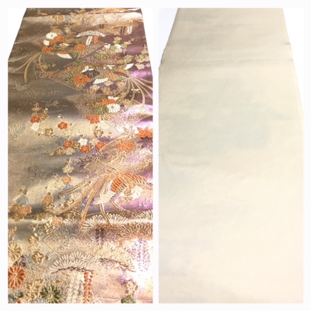 美品 正絹 袋帯 未使用 鳥 華模様 パープル ゴールド 箔 六通柄 中古品