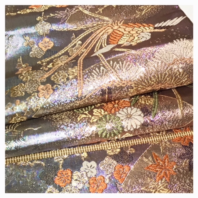 美品 正絹 袋帯 未使用 鳥 華模様 パープル ゴールド 箔 六通柄 中古品