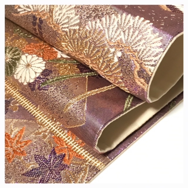 美品 正絹 袋帯 未使用 鳥 華模様 パープル ゴールド 箔 六通柄 中古品