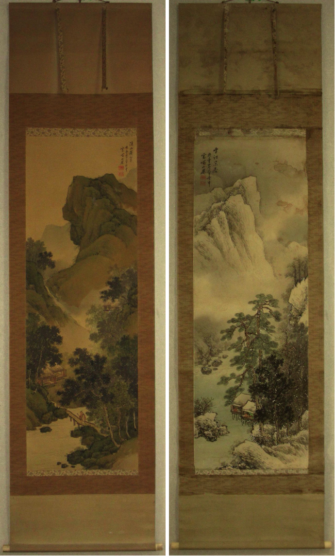 模写】掛軸 まくり 「双幅 夏冬山水図」 伊藤寛城 三重南画家 絹本 共箱