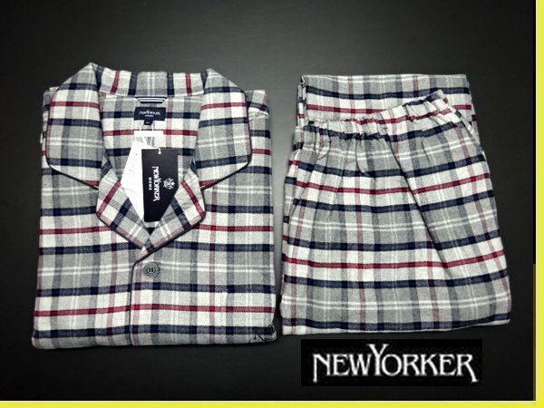 新品 NEW YORKER ニューヨーカー 正規品 長袖シャツ 長ズボン パジャマ LL 灰青赤チェック パンツ シャツ メンズ 紳士 男性用 即決送料無料