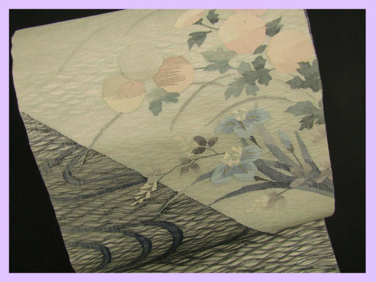 ◇衣紋屋◇3208 洒落袋帯 すくい花文様 正絹 藍×秘色 *