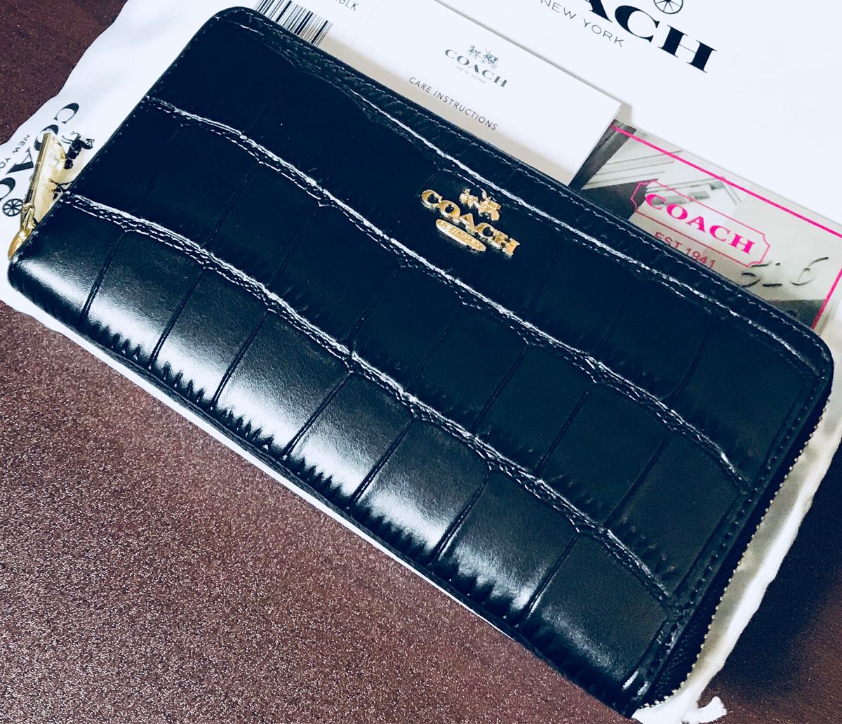 長財布 COACH コーチ レザー 財布 クロコダイル ブラック エンボスド 