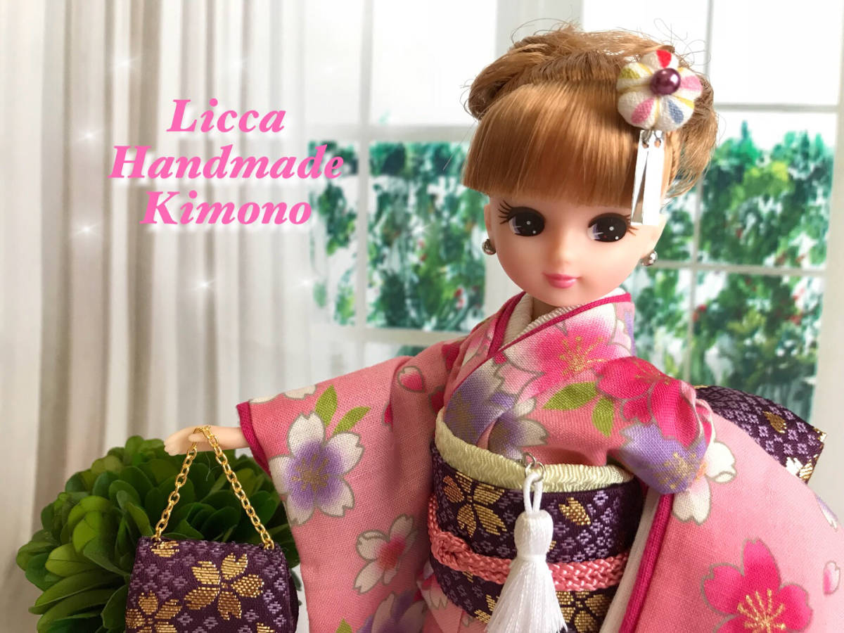 ★☆★リカちゃん着物・振袖★金彩花束・桜満開花明かり・ピンク地★ハンドメイド★☆★