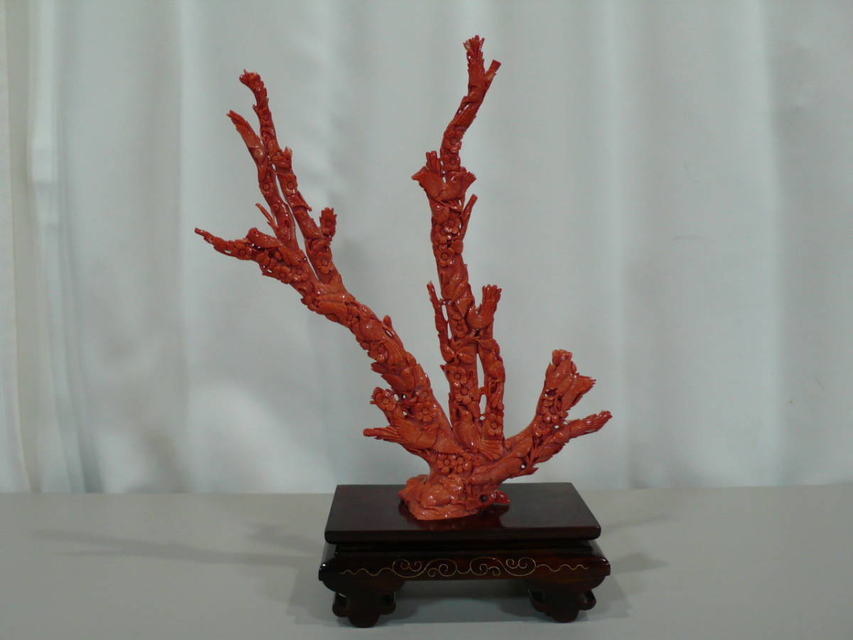 珊瑚 サンゴ 枝珊瑚 原木 彫刻 鳥・花 赤珊瑚 台座付き 白珊瑚・サンゴ 
