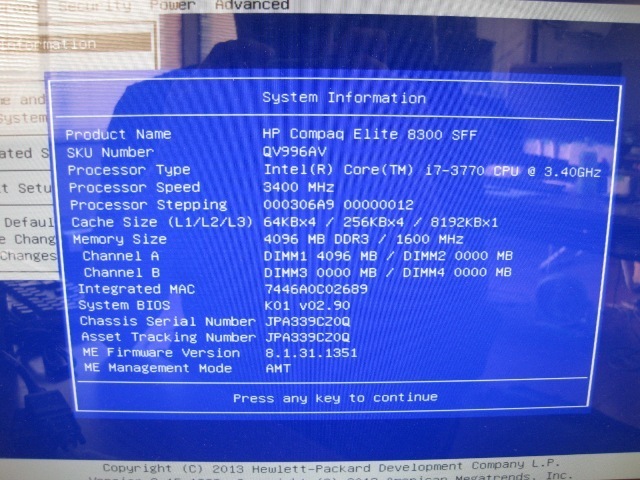 管N592【HP】Compaq Elite 8300 SFF ★i7-3.4/HDDなし/4G/BIOS可能_2