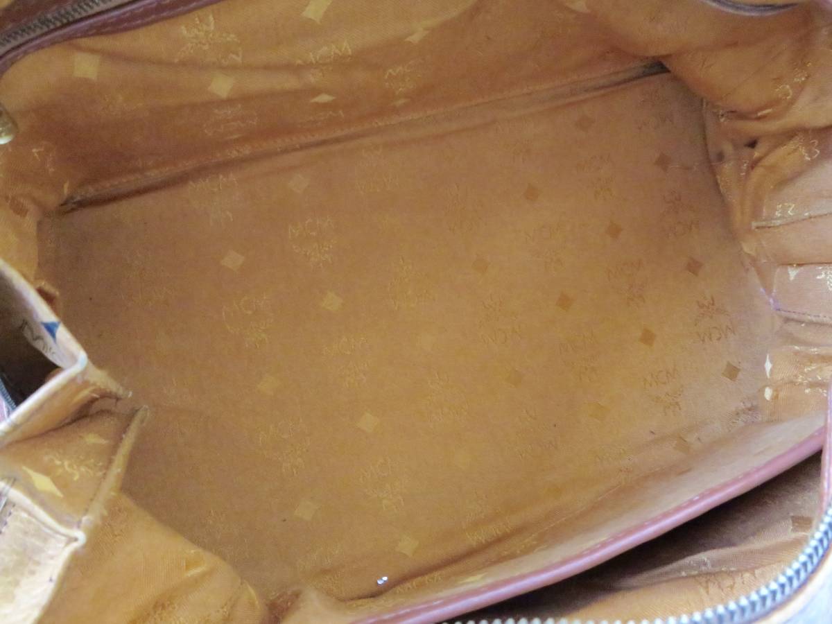 【良品】MCM エムシーエム/ロゴ総柄/PVC×レザー/ライトブラウン/ボストンバッグ/ハンドバッグ