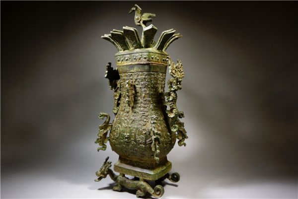 細工青銅器 西周 鶴紋蓋 龍高彫壺 盛酒器 開運置物 出土物 高さ32.5cm 2.27kg 74026
