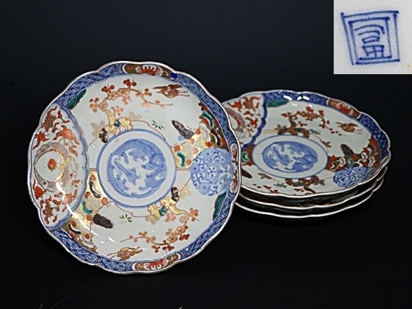 珍品！【染付 墨弾き 松竹梅図 六寸皿 七枚 江戸時代】古伊万里 珍品