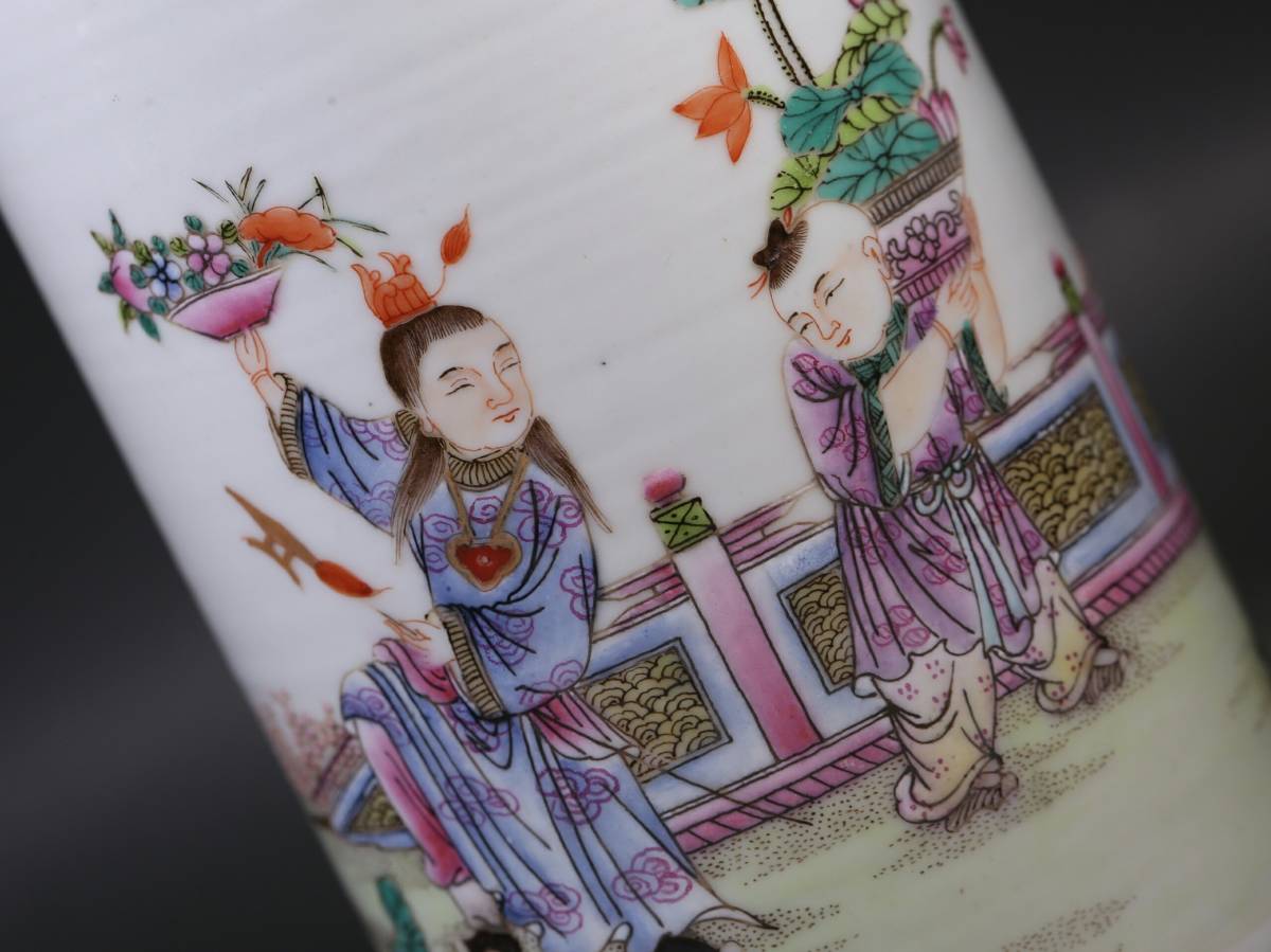 時代唐物 筆立 1809C35033中国古董品 粉彩『人物物語紋』筆筒 清 唐物 