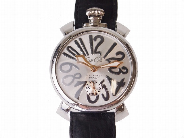【1円】【最落安値】【駆動OK】ガガミラノ GaGa MILANO マヌアーレ48 シルバー ブラック SS メンズ 腕 時計 手巻き