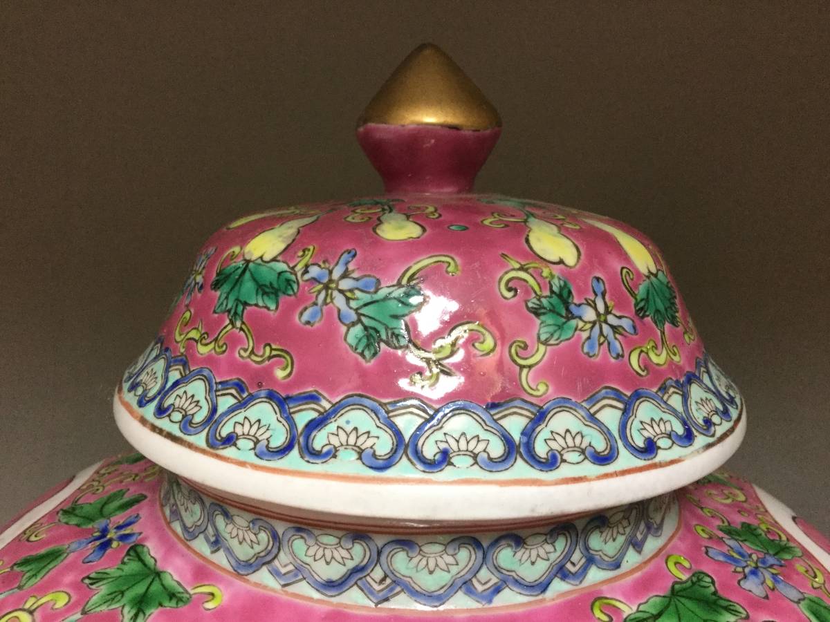 ◆中国 骨董品 唐物 大清同治年製 粉彩花瓶 飾り壺 花瓶 色絵 桃図 もも 花絵 _7