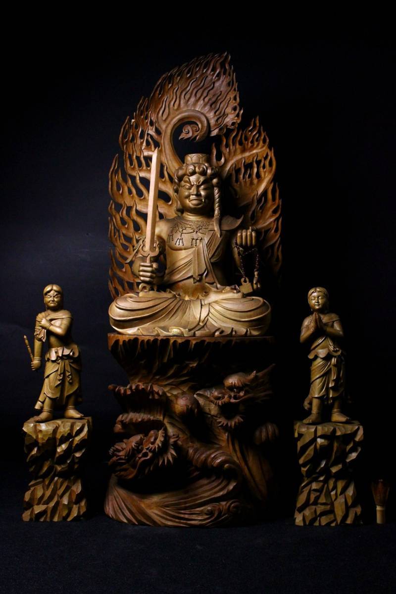 仏教美術 【櫻】超絶技巧 細密彫刻 木彫 不動明王 特大124.5cm 寺院