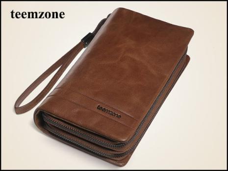 1円スタート・最落あり&teemzoneメンズダブルファスナーセカンドバッグ クラッチバッグ 本革 茶L