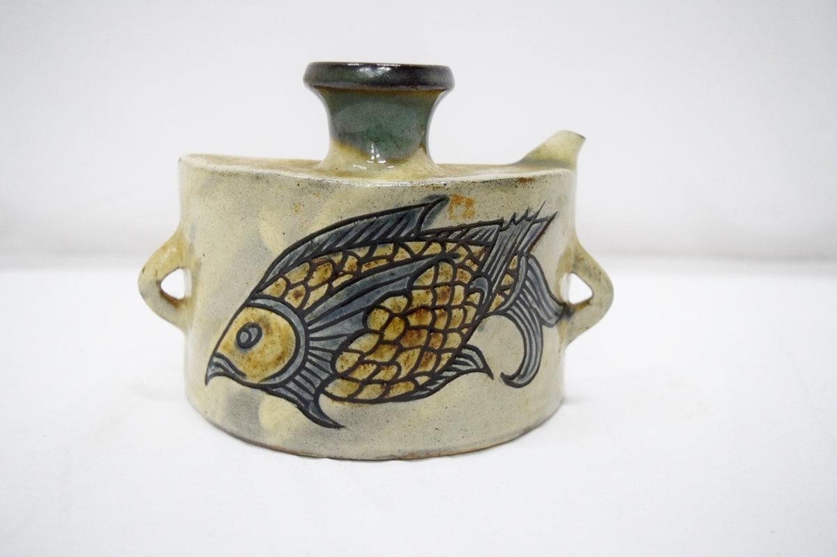 琉球陶器 骨董古美術時代物/壺屋焼 金城敏幸 魚紋 中皿 人間国宝