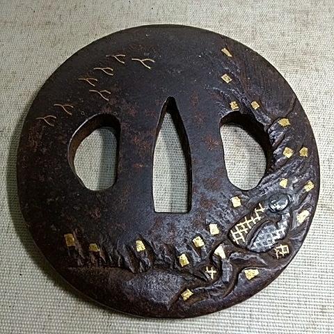 刀装具 鍔 目貫 縁頭 金銀象嵌 時代物 銅地 江戸時代 赤銅 草 item[