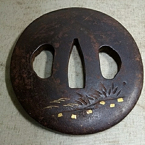 刀装具 鍔 目貫 縁頭 金銀象嵌 時代物 銅地 江戸時代 赤銅 草 item[