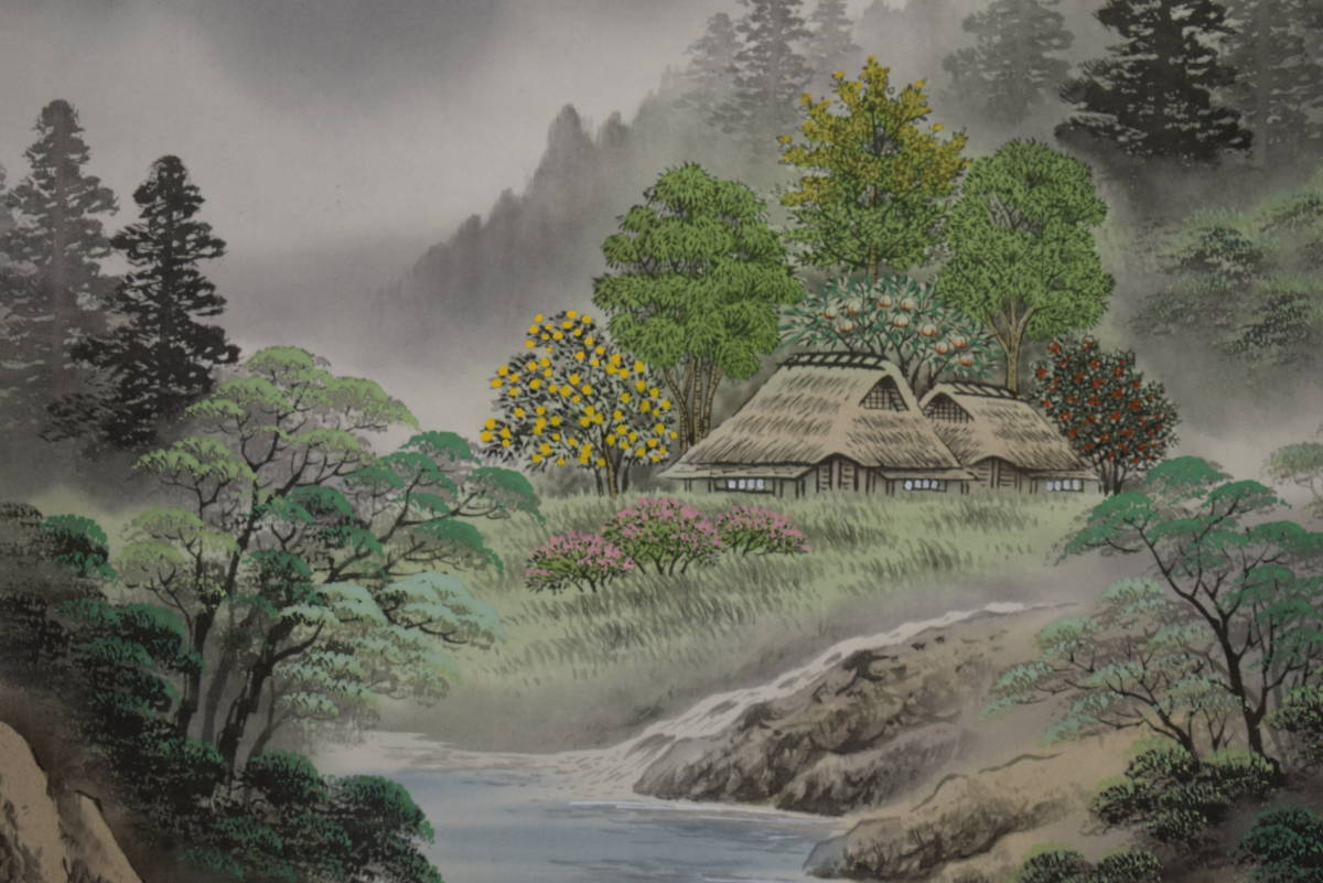 真作】/湖人/彩色山水釣人図/布袋屋掛軸HF-769
