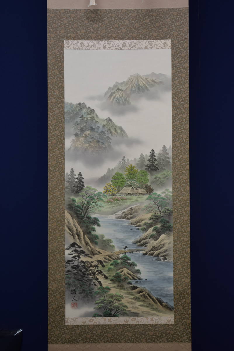 真作】/湖人/彩色山水釣人図/布袋屋掛軸HF-769