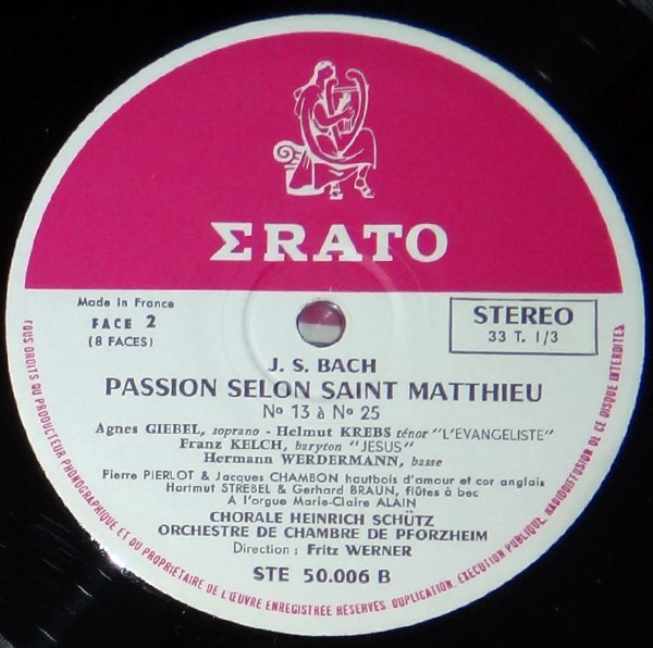仏ERATO STE バッハ: マタイ受難曲 フリッツ・ヴェルナー 【公式通販】