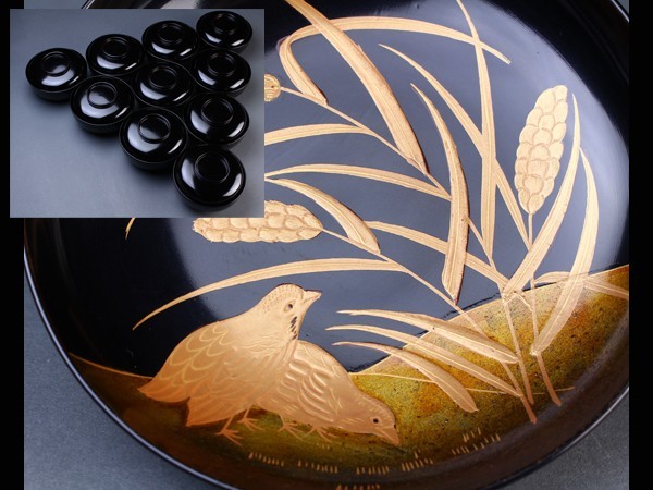 【未使用】平安 象彦 菊蒔絵 小吸物膳 5客組 共箱 懐石道具 木製漆器 追記有 懐石道具 木製漆器 平安 象彦 菊蒔絵 小吸物膳 5客 共箱