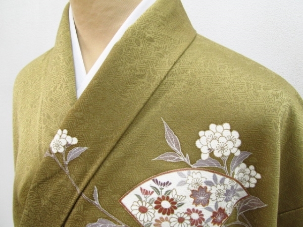 ★着物10 Tポイント2倍★ 1円 逸品!! 絹 訪問着 金駒刺繍 菊 梅 橘 撫子 扇子 袷 身丈159cm 裄65cm [同梱可] ☆☆☆☆☆