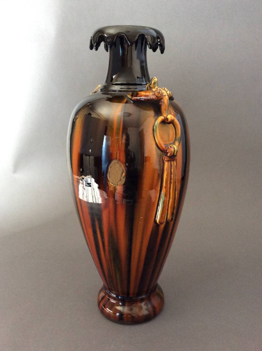 (民芸特別出品)薩摩苗代川 薩摩三彩鼈甲手鳳凰耳瓶 鼈甲_3
