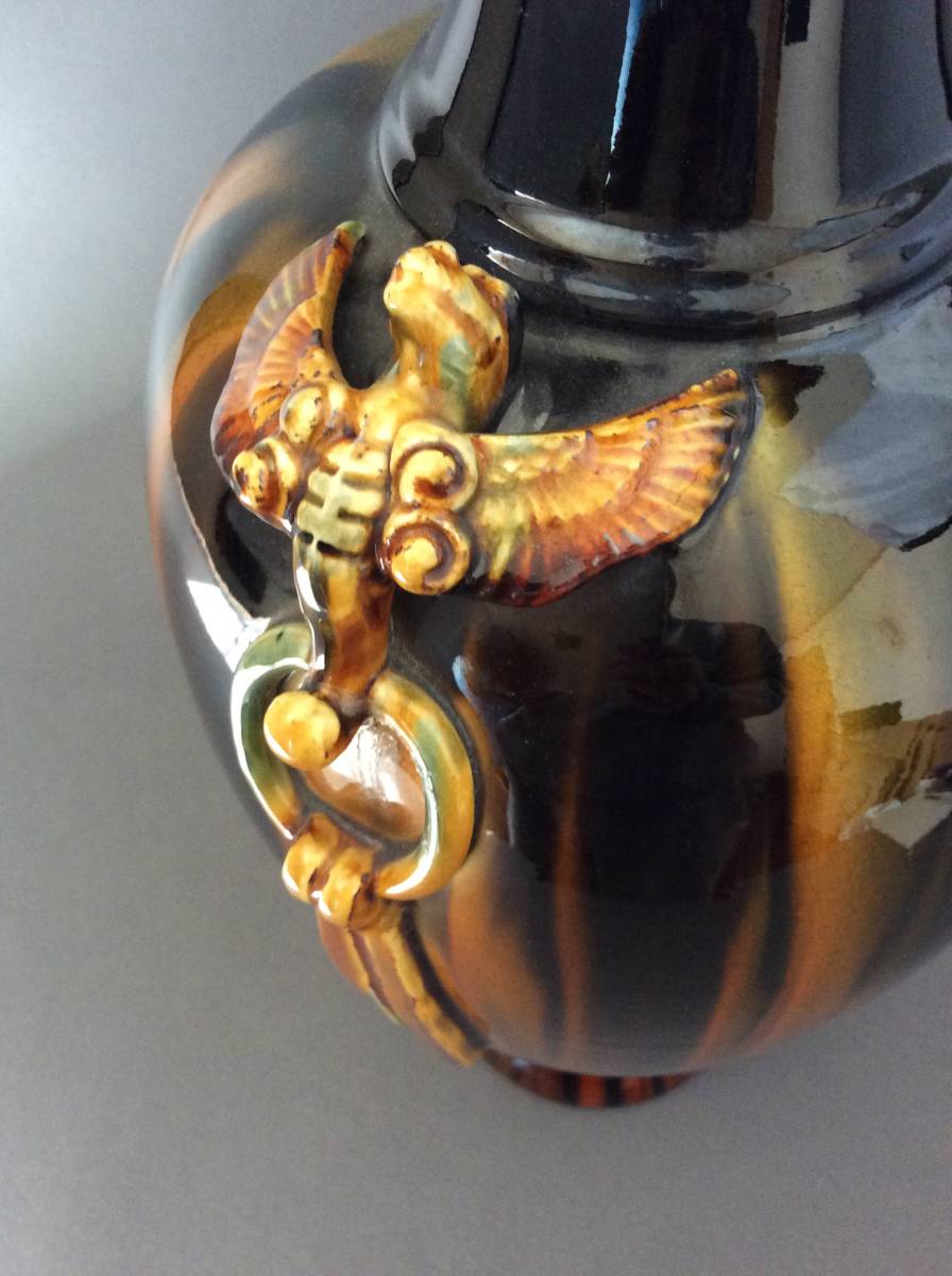 (民芸特別出品)薩摩苗代川 薩摩三彩鼈甲手鳳凰耳瓶 鼈甲_5