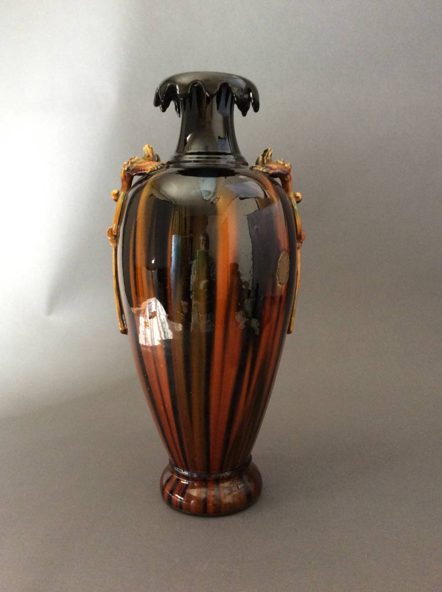 (民芸特別出品)薩摩苗代川 薩摩三彩鼈甲手鳳凰耳瓶 鼈甲_6