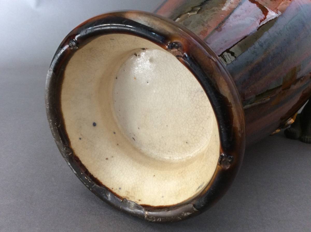 (民芸特別出品)薩摩苗代川 薩摩三彩鼈甲手鳳凰耳瓶 鼈甲_9